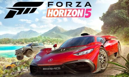 Arte com logo ‘Forza Horizon 5’ no topo. Carro esportivo vermelho acelera em estrada de terra enquanto veículo off‑road preto salta ao fundo. Paisagem tropical com montanhas, vegetação densa e praia de água turquesa.