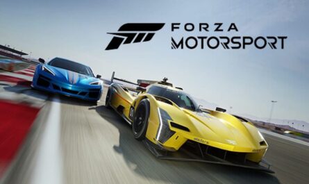 Dois carros de corrida aceleram lado a lado em pista; à esquerda um esportivo azul, à direita carro amarelo com design aerodinâmico e patrocínios. Acima, o logo ‘Forza Motorsport’. A cena transmite velocidade e competição.