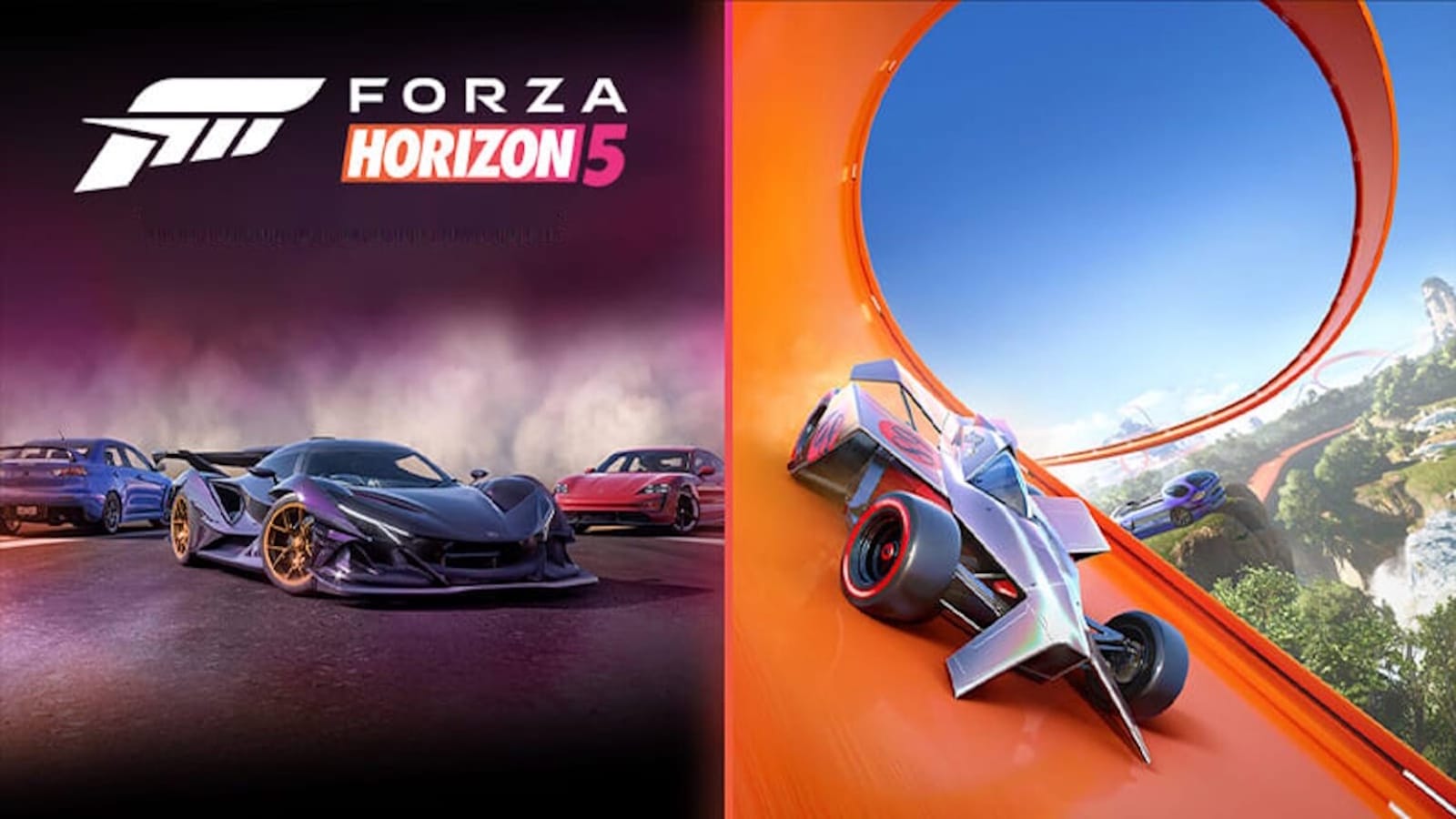 Arte promocional dividida: à esquerda, três carros esportivos em estrada com fundo roxo esfumaçado; à direita, carro futurista corre em pista laranja em looping com outro veículo ao fundo e paisagem com montanhas, vegetação e cachoeiras.