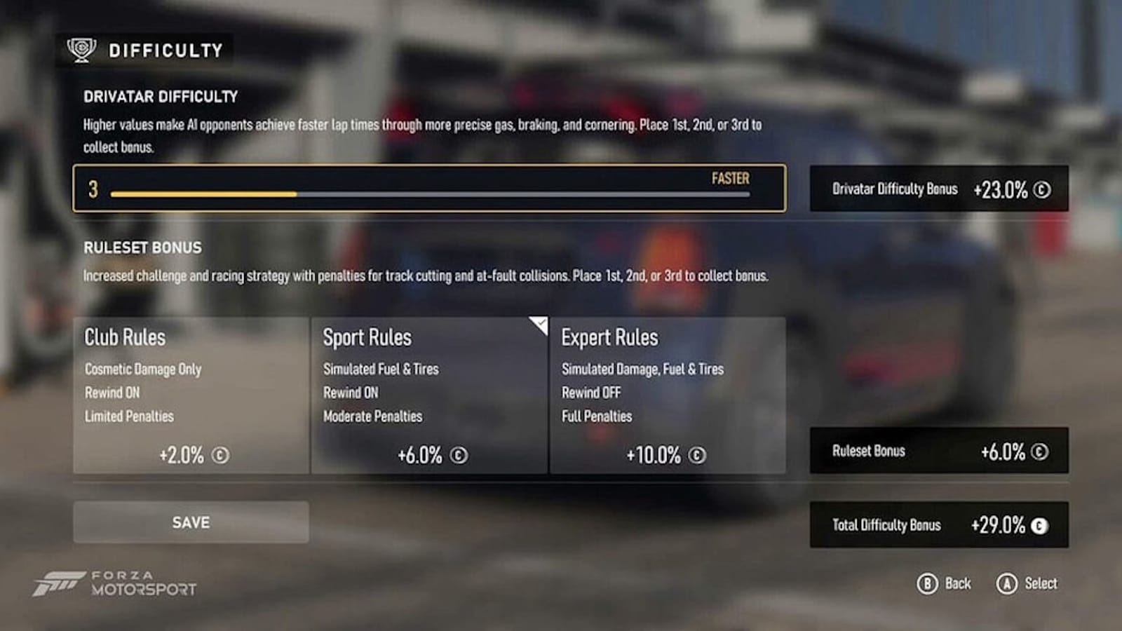 Tela de ajustes de dificuldade. Fundo desfocado mostra carro em pit lane.