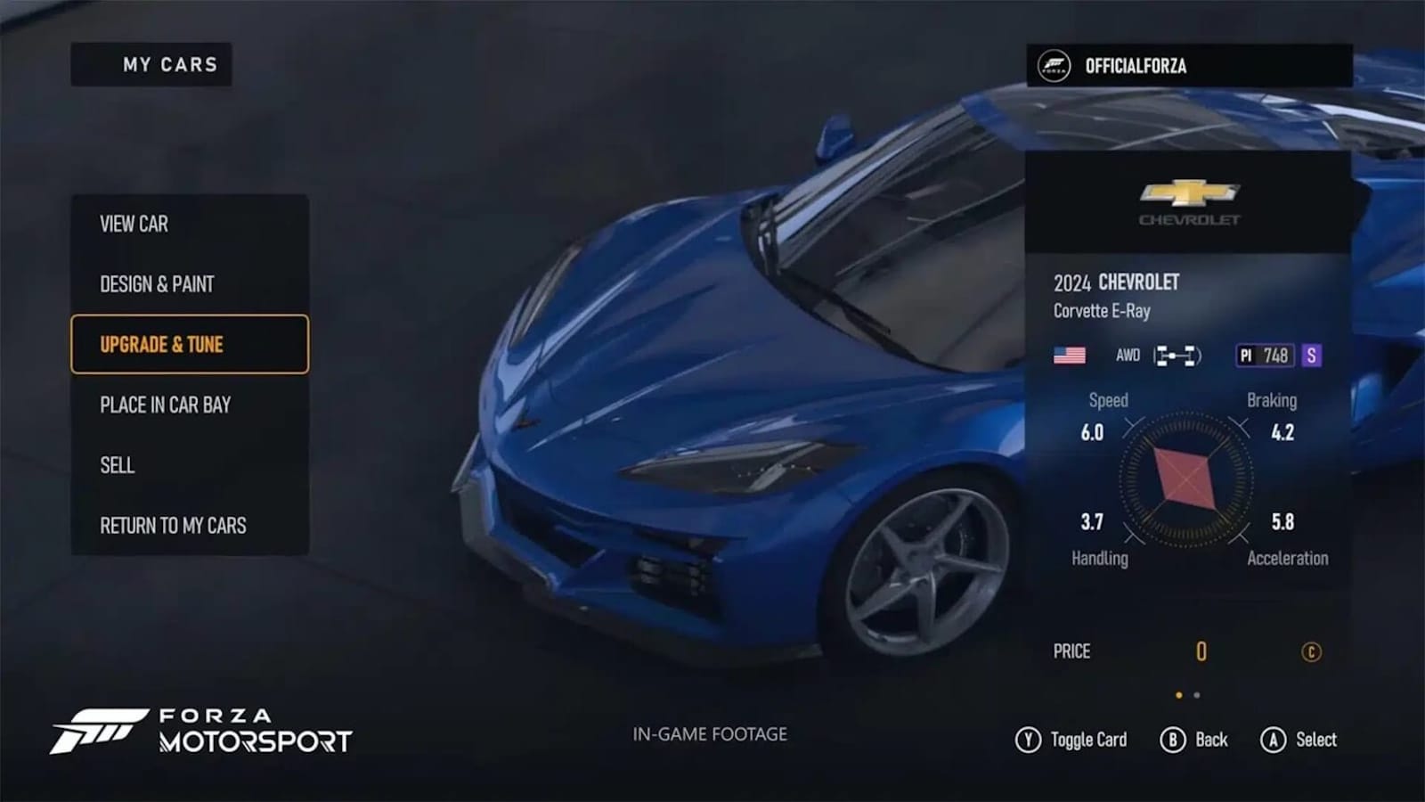 Menu de jogo exibindo Corvette E‑Ray azul.