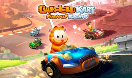 Ilustração colorida mostrando Garfield dirigindo um kart azul e laranja. Atrás dele, Odie e outros personagens correm em karts vermelhos, verdes e azul‑petróleo. O fundo mostra pista sinuosa em paisagem brilhante com colinas. O topo traz o título ‘Garfield Kart Furious Racing’.