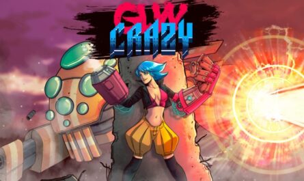 Ilustração futurista com personagem de cabelo azul, top curto, shorts amarelos e jaqueta preta, exibindo dois braços mecânicos — um rosa e um metálico. Atrás, robô grande com luzes verdes e explosão circular brilhante. No topo, título ‘GUN CRAZY’ em fonte pixelada.