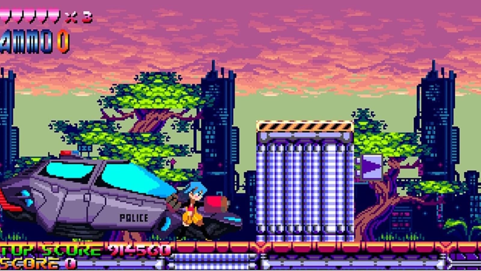 Pixel art mostrando personagem de cabelo azul e calça amarela ao lado de veículo policial futurista com janelas azuis e palavra ‘POLICE’. Fundo traz cidade com prédios, árvores e céu em tons de roxo e laranja.