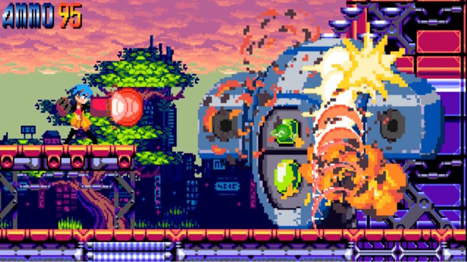 Cena em pixel art com personagem de cabelo azul usando roupa vermelha e amarela disparando grande projétil vermelho contra estrutura mecânica que explode em faíscas e detritos. Ao fundo, cidade futurista sob céu rosa e laranja.