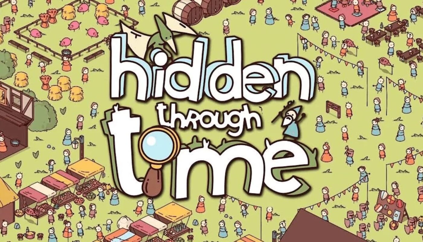 Ilustração colorida com título ‘Hidden Through Time’ em letras arredondadas com lupa integrada ao design. Ao redor, personagens medievais, barracas de mercado, animais e objetos espalhados em campo verde, criando cena cheia de detalhes.