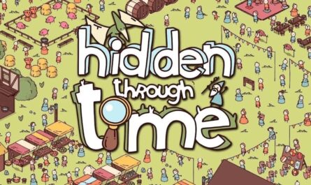 Ilustração colorida com título ‘Hidden Through Time’ em letras arredondadas com lupa integrada ao design. Ao redor, personagens medievais, barracas de mercado, animais e objetos espalhados em campo verde, criando cena cheia de detalhes.