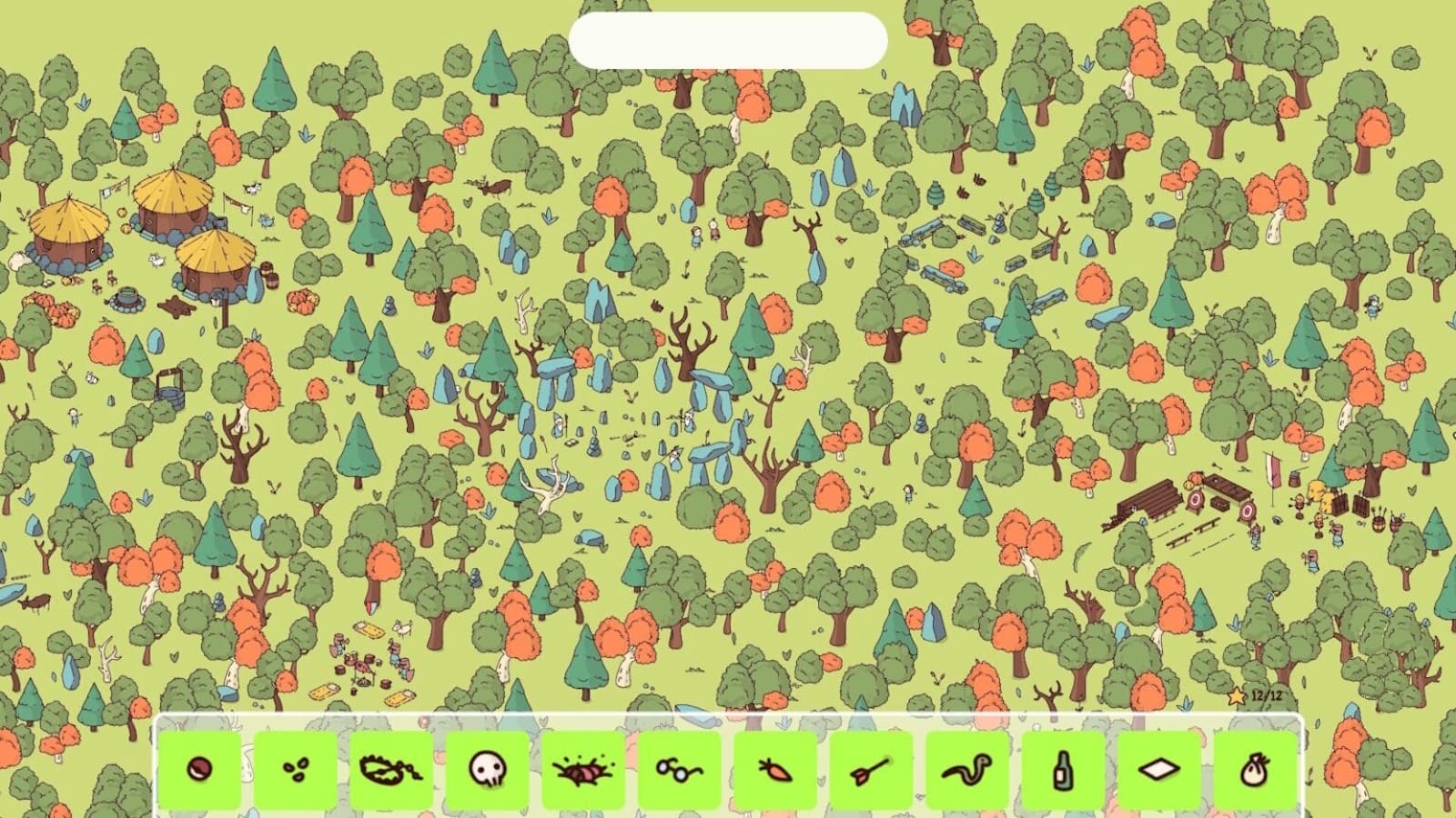 Cena de floresta densa com árvores verdes, laranjas e azuladas. Pequenos acampamentos, cabanas e personagens realizando atividades como cortar madeira e reunir-se em fogueiras.
