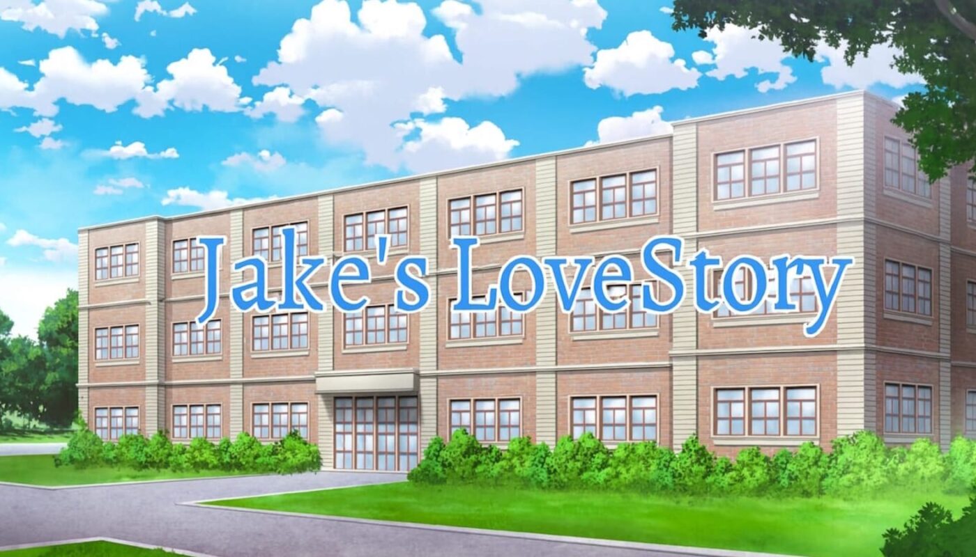 Ilustração de prédio de tijolos de três andares sob céu azul com nuvens. Arbustos e árvores cercam a construção. Texto ‘Jake’s Love Story’ aparece em letras azuis ao centro.