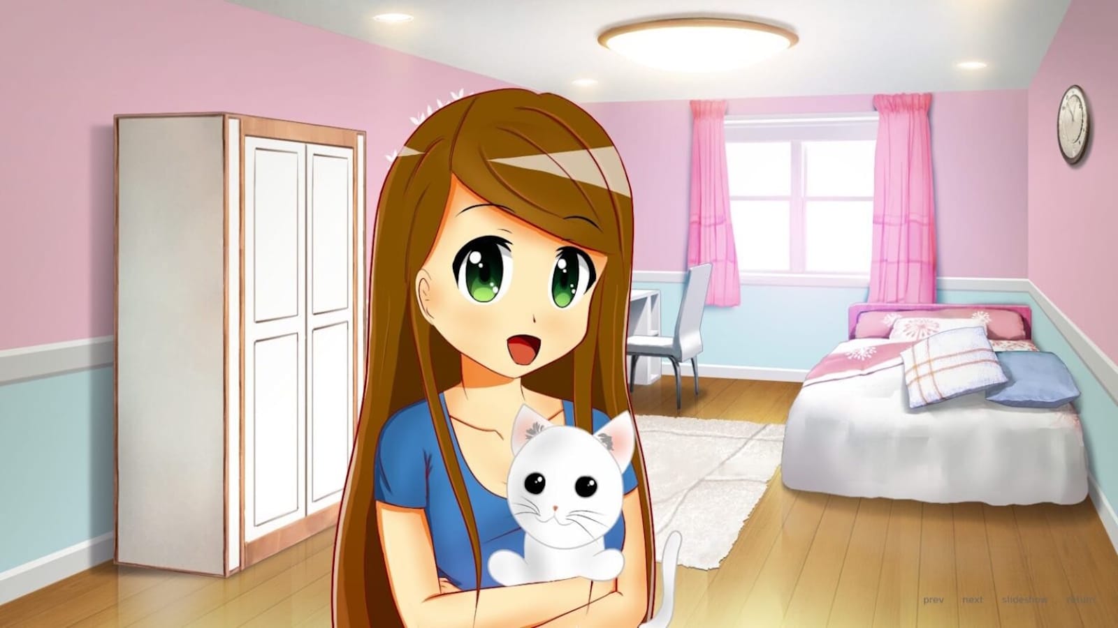 Ilustração anime de pessoa de cabelo castanho longo e olhos verdes segurando gato branco. Quarto organizado ao fundo com paredes rosa e azul, cama, guarda‑roupa, mesa, janela com cortinas rosas e relógio na parede.