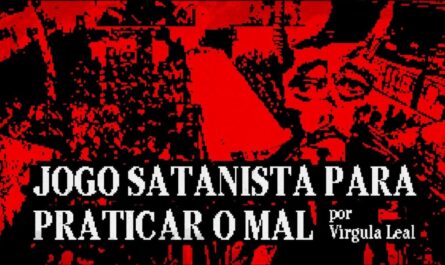 Arte pixelada em vermelho e preto mostrando rosto estilizado com chifres diante de fundo caótico. Texto grande diz ‘Jogo Satanista para Praticar o Mal por Virgula Leal’.