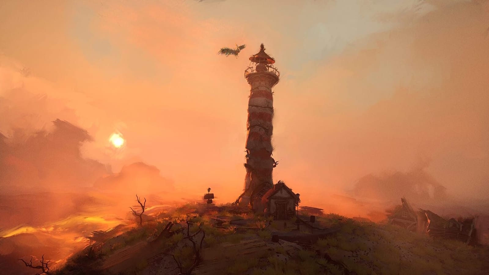 Farol alto e desgastado sobre uma colina com vegetação rala, cercado por construções antigas. O céu alaranjado de fim de tarde ilumina a cena. Perto do topo do farol, uma ave sobrevoa a estrutura. Nuvens suaves e sombras longas criam atmosfera dramática.