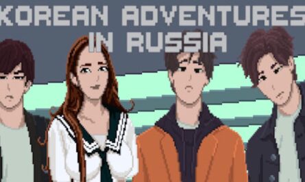 Pixel art com quatro personagens lado a lado diante de fundo com faixas verdes e cinzas. Acima deles, texto grande em blocos diz ‘Korean Adventures in Russia’.