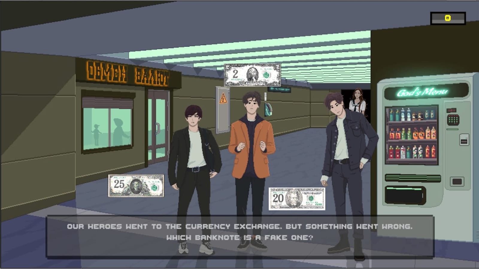 Pixel art mostrando três personagens em corredor subterrâneo com loja marcada em cirílico e máquina ‘God’s Menu’.