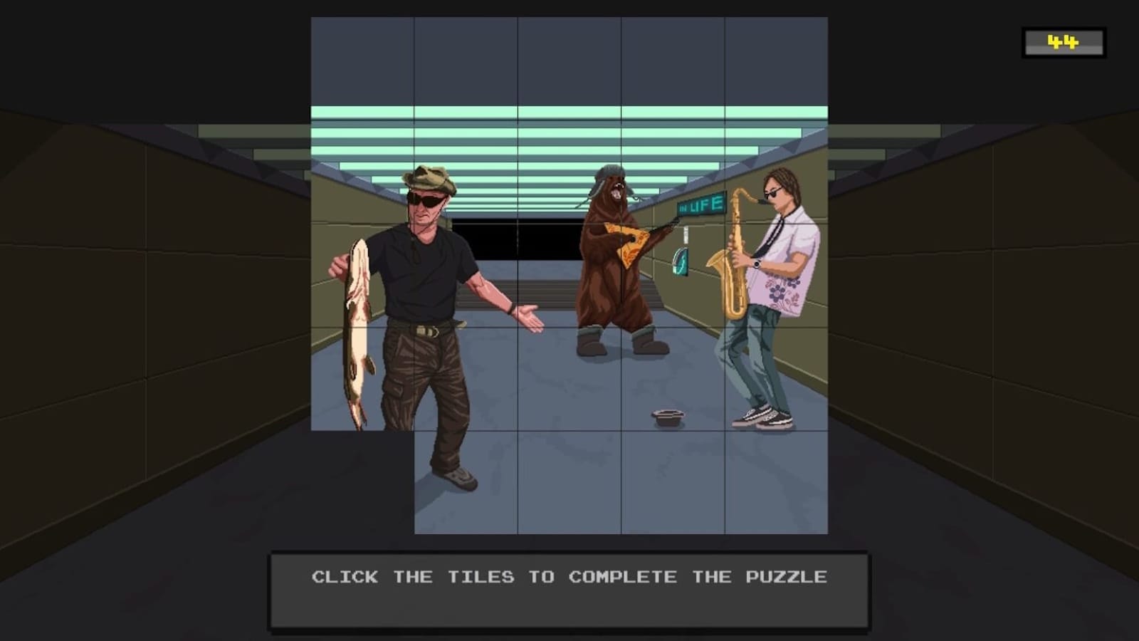Tela de puzzle em pixel art com grade de peças formando cena de três figuras em corredor subterrâneo: pessoa com peixe grande, urso tocando balalaica e músico de saxofone com tigela no chão.