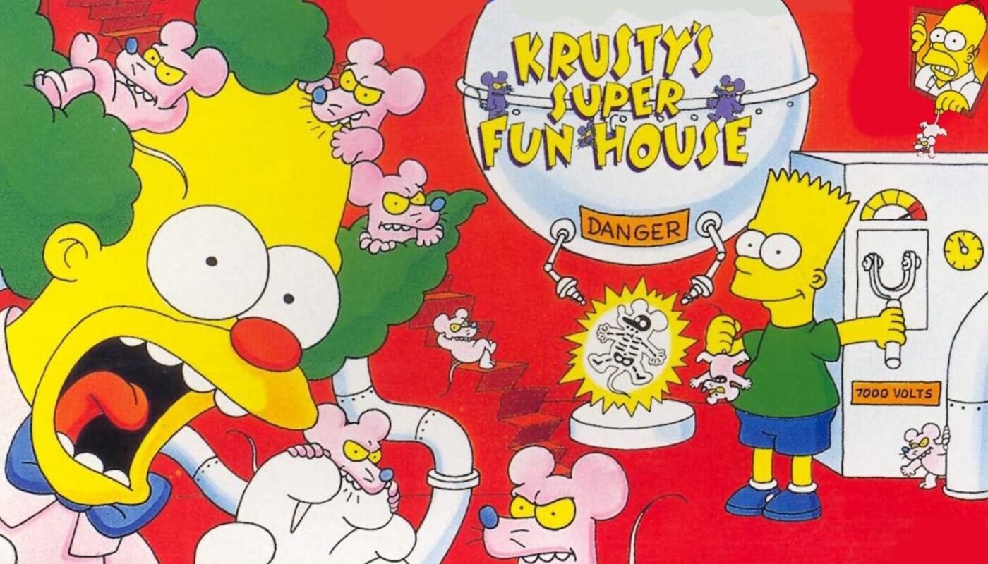 Ilustração com Krusty, o Palhaço, coberto por ratos rosas que saem de tubos metálicos. À direita, Bart Simpson segura uma alavanca ao lado de uma máquina marcada com ‘7000 VOLTS’ e ‘DANGER’. O fundo é vermelho e o topo traz o título ‘Krusty’s Super Fun House’. Ratos e canos aparecem por toda a cena.