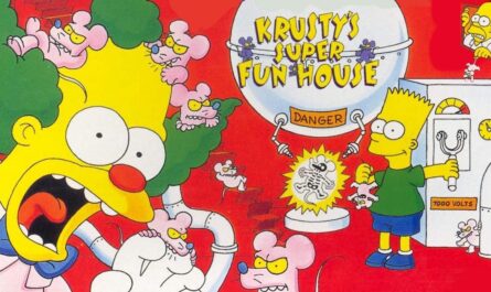 Ilustração com Krusty, o Palhaço, coberto por ratos rosas que saem de tubos metálicos. À direita, Bart Simpson segura uma alavanca ao lado de uma máquina marcada com ‘7000 VOLTS’ e ‘DANGER’. O fundo é vermelho e o topo traz o título ‘Krusty’s Super Fun House’. Ratos e canos aparecem por toda a cena.