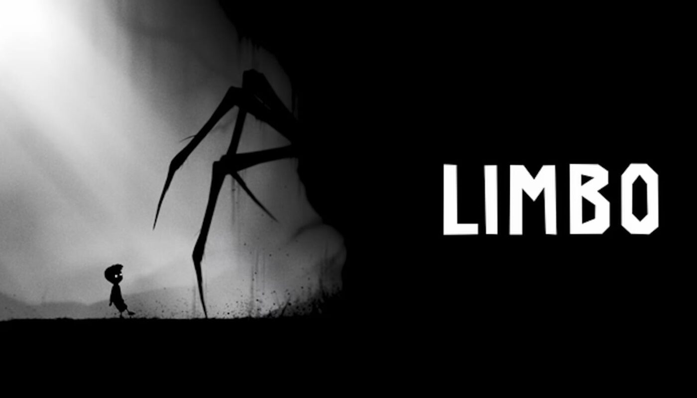 Cena monocromática com silhueta de criança de olhos brilhantes diante de aranha de pernas longas emergindo da escuridão. Fundo enevoado e atmosfera sombria. À direita, título ‘LIMBO’ em letras brancas.