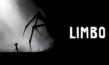 Cena monocromática com silhueta de criança de olhos brilhantes diante de aranha de pernas longas emergindo da escuridão. Fundo enevoado e atmosfera sombria. À direita, título ‘LIMBO’ em letras brancas.