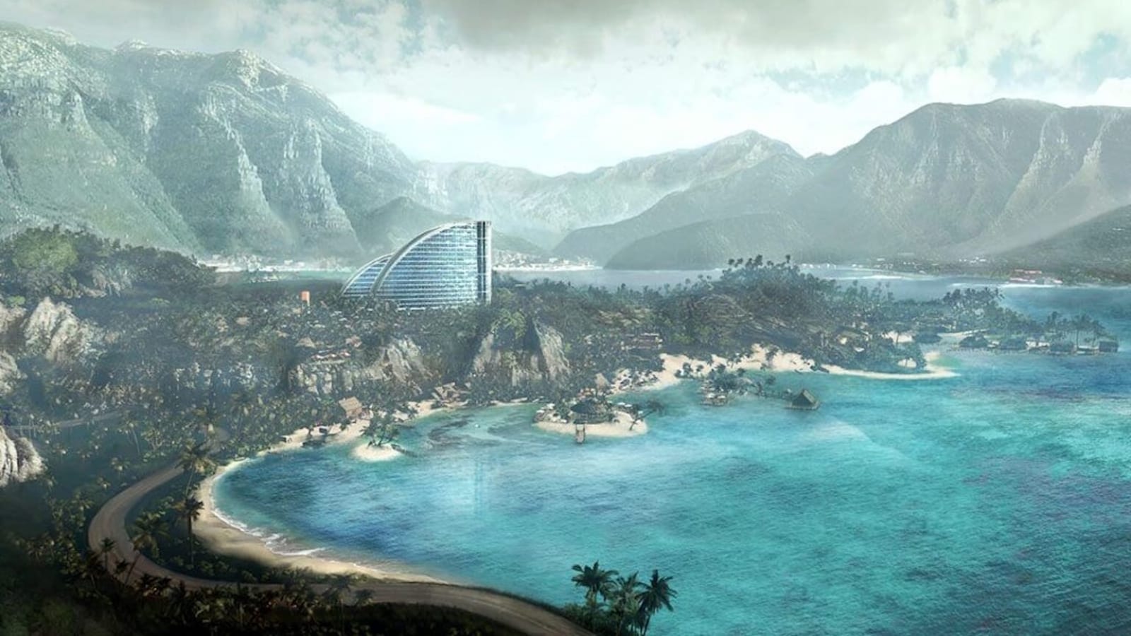 Paisagem costeira com prédio moderno curvo de vidro à beira‑mar, cercado por água turquesa, vegetação tropical e montanhas ao fundo.
