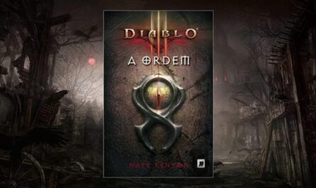 Capa do livro com símbolo metálico brilhante sobre fundo escuro, título ‘Diablo III’ em vermelho e dourado e cenário de vila arruinada ao redor.