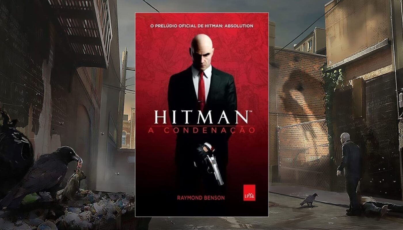 Capa do livro com homem careca de terno preto e gravata vermelha segurando pistola com silenciador, sobre fundo vermelho; ao redor, cena de beco escuro com corpo no chão e corvos.