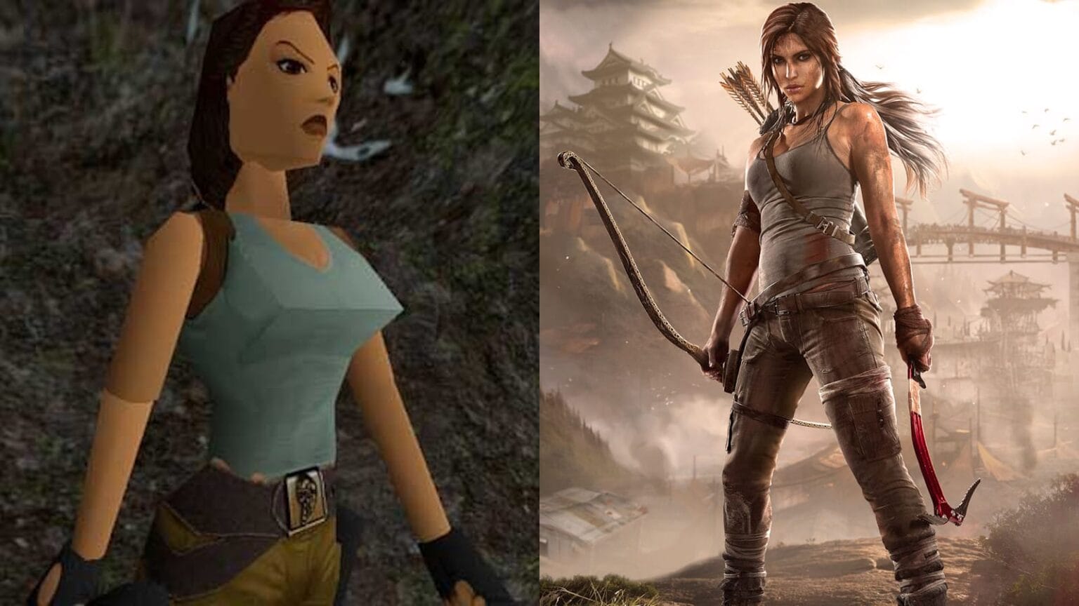 Comparação lado a lado entre Lara Croft clássica de baixa poligonagem com roupa teal e shorts marrons e versão moderna realista com traje cinza, arco e machadinha em cenário montanhoso.