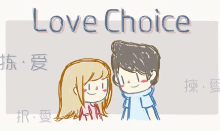Ilustração de dois personagens sorrindo frente a frente; um de cabelo claro em roupa rosa e outro de cabelo escuro em roupa azul. Acima, título ‘Love Choice’ e caracteres chineses ao redor.