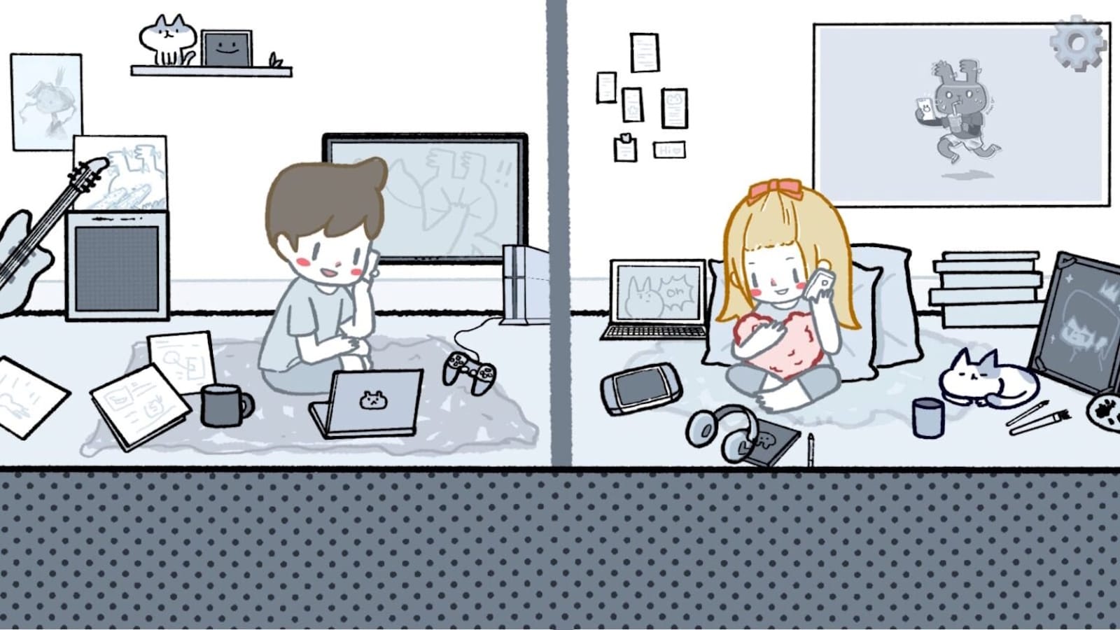 Cena dividida mostrando duas pessoas sentadas no chão em seus quartos, cada uma falando ao telefone com laptop aberto. À esquerda, ambiente com guitarra, caneca e videogame; à direita, materiais de desenho, tablet e gato dormindo.