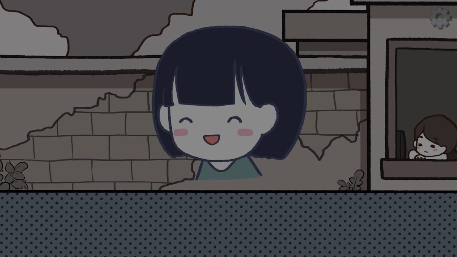 Desenho com personagem de rosto grande sorrindo de olhos fechados em primeiro plano. Ao fundo, parede de tijolos com rachaduras e outro personagem apoiado na janela olhando para fora sob céu nublado.
