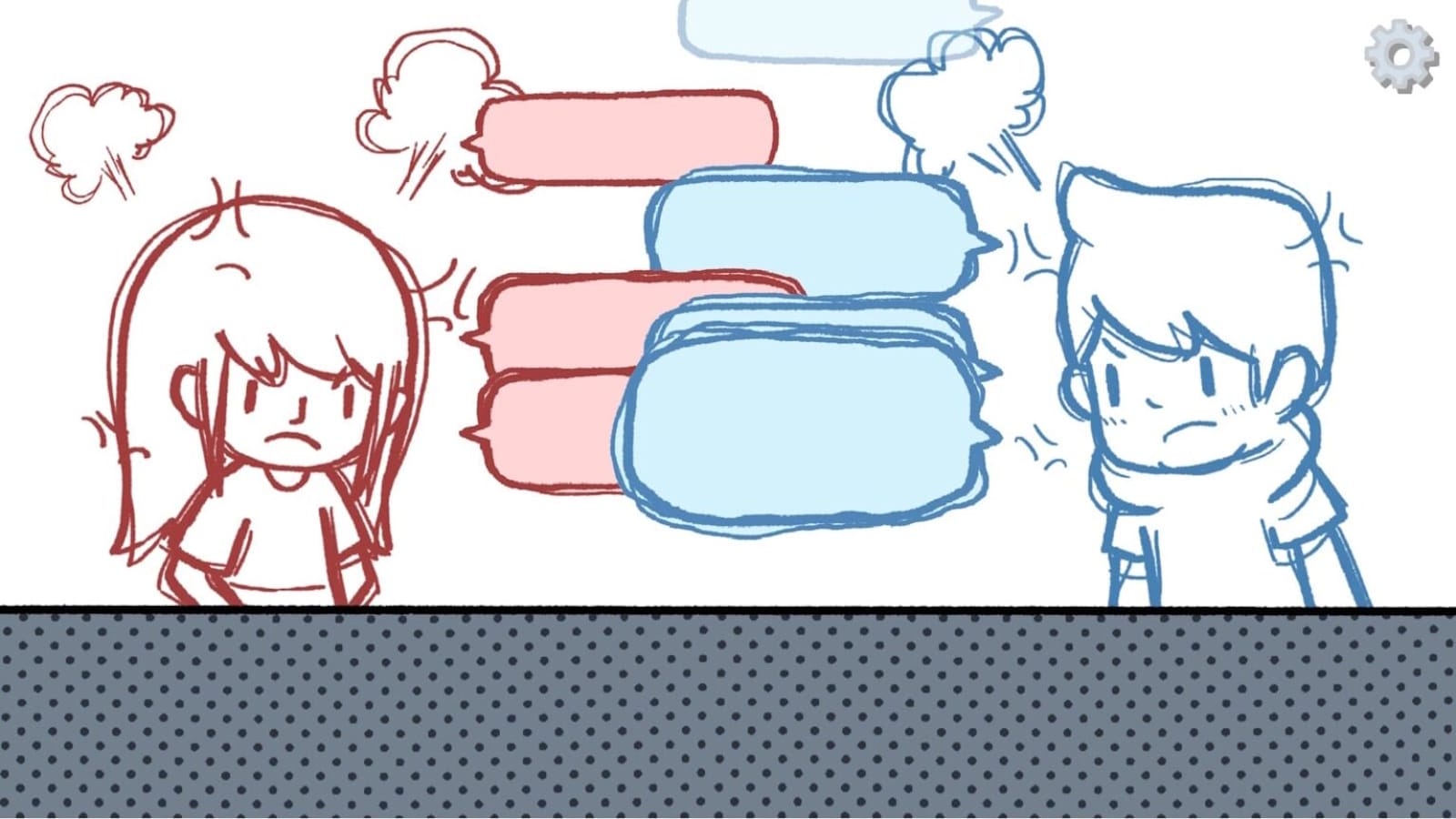 Desenho de dois personagens em confronto: figura vermelha de cabelo longo à esquerda e figura azul de cabelo curto à direita. Linhas de tensão e balões de fala vazios coloridos indicam discussão. Fundo simples com padrão pontilhado e ícone de engrenagem.