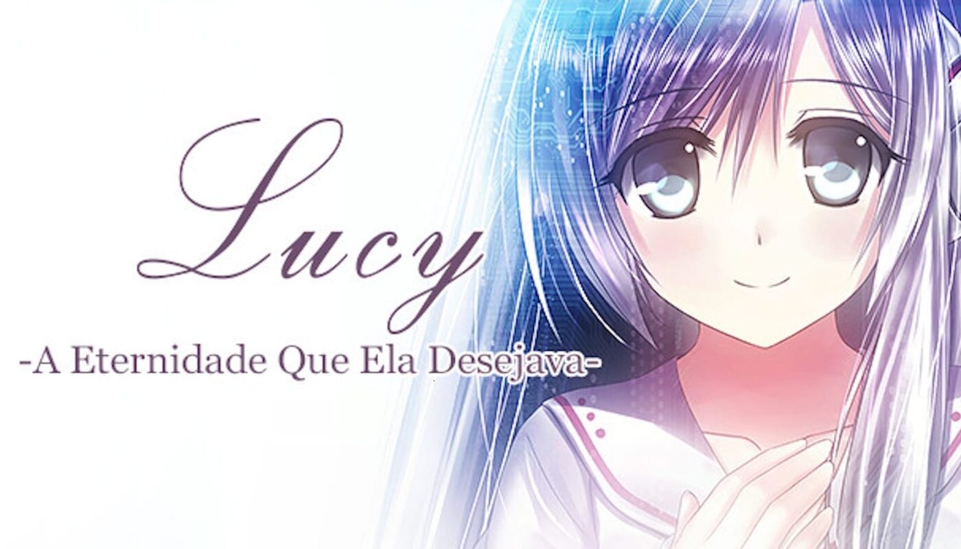 Ilustração anime de personagem de cabelo azul‑arroxeado longo, olhos azul‑claro e roupa branca com detalhes rosa, mãos próximas ao peito. Fundo suave e texto ‘Lucy – A Eternidade Que Ela Desejava –’ à esquerda.