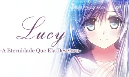Ilustração anime de personagem de cabelo azul‑arroxeado longo, olhos azul‑claro e roupa branca com detalhes rosa, mãos próximas ao peito. Fundo suave e texto ‘Lucy – A Eternidade Que Ela Desejava –’ à esquerda.