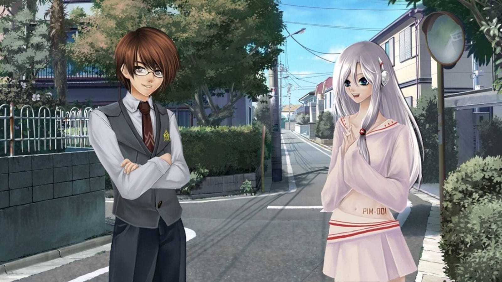 Cena anime com dois personagens em rua tranquila: à esquerda, figura de cabelo castanho curto, óculos e roupa social; à direita, personagem de cabelo branco longo, olhos azuis e traje rosa.