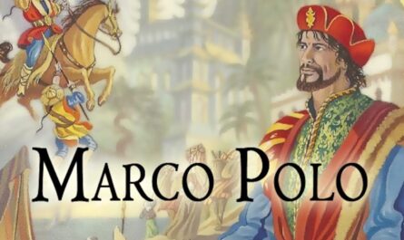 Ilustração de Marco Polo usando roupas ornamentadas em vermelho, verde e dourado, com um chapéu vermelho. Ao fundo aparecem cenas estilizadas com pessoas, cavalos e construções que remetem a paisagens históricas da Rota da Seda. O nome ‘MARCO POLO’ aparece em letras grandes no centro da imagem.