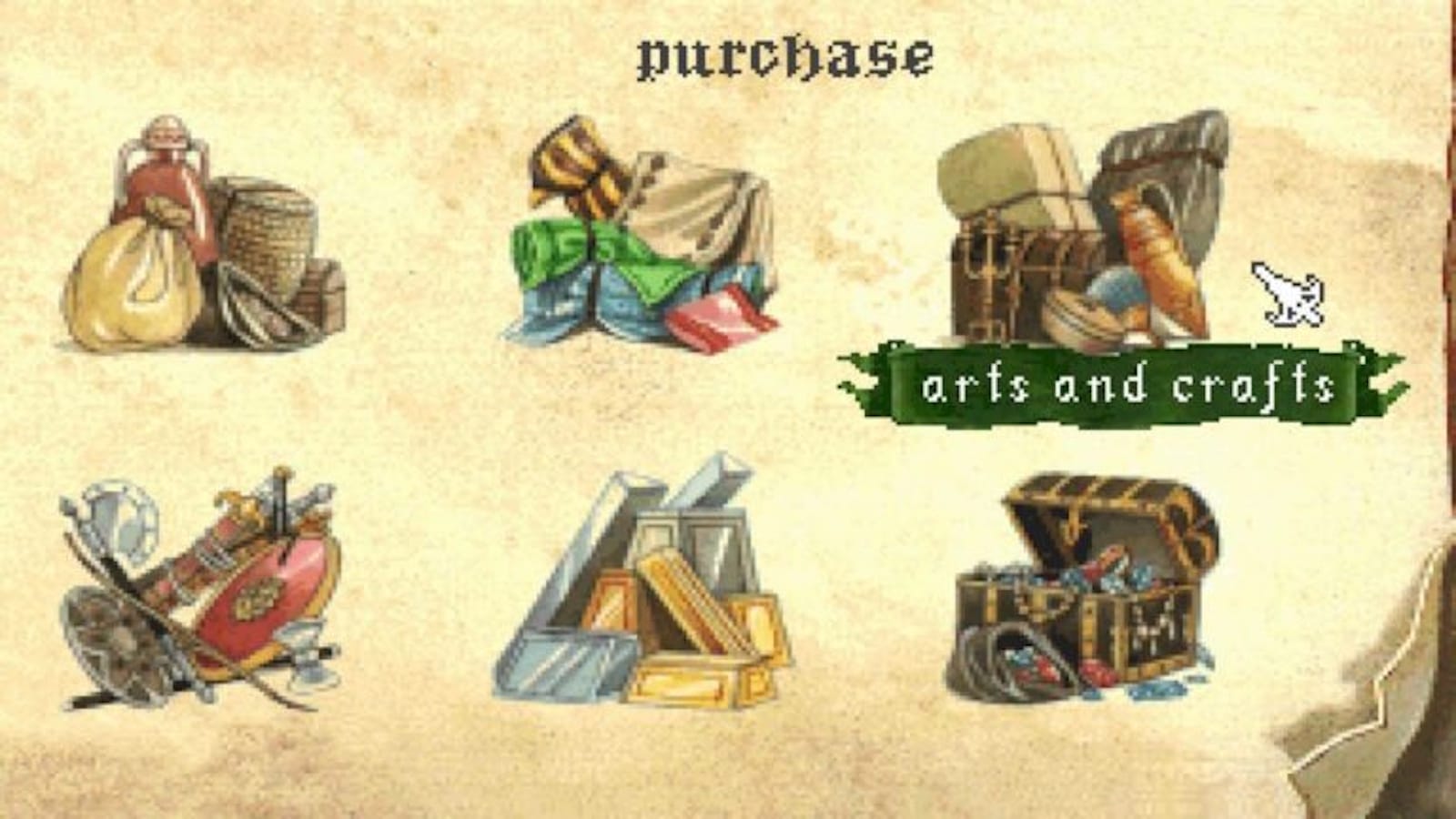 Interface de jogo com fundo em pergaminho e seis ícones ilustrados organizados em duas linhas. No topo aparece a palavra ‘purchase’. Os ícones representam categorias de itens: sacos e cestos; tecidos dobrados; um baú com materiais de arte destacado por um banner verde com o texto ‘arts and crafts’ e um cursor apontando; um dispositivo mecânico vermelho e dourado; barras de metal; e um baú aberto cheio de joias.