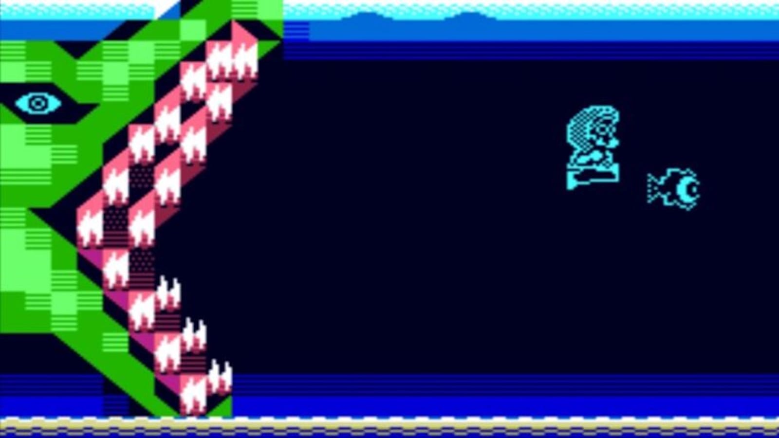 Cena subaquática em pixel‑art com fundo azul escuro. À esquerda, um grande monstro verde com rosto angular, um olho azul e boca aberta cheia de dentes brancos e rosas. À direita, um pequeno personagem azul está ao lado de um peixe inimigo com olho grande. Ondas claras aparecem no topo e na base da imagem.