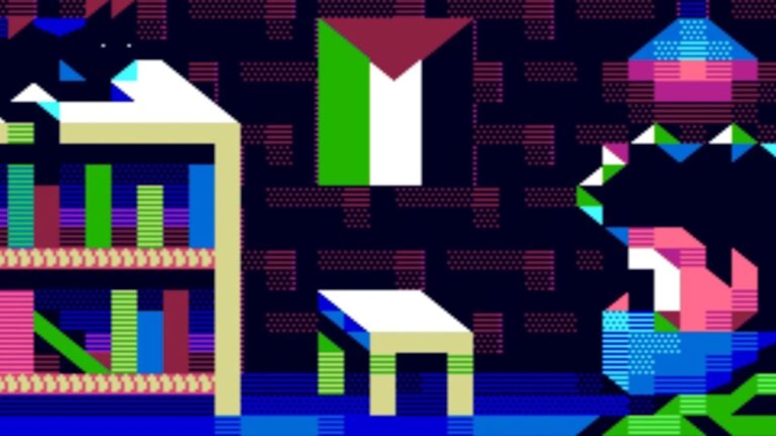 Cena em pixel‑art mostrando uma estante com livros coloridos e um gato preto no topo. No centro há uma mesa branca com pernas verdes. Acima dela, uma bandeira com listras verdes, brancas e um triângulo vermelho. À direita, uma figura humana estilizada feita de formas geométricas coloridas está sentada. O fundo é um padrão escuro com linhas magenta e roxas.