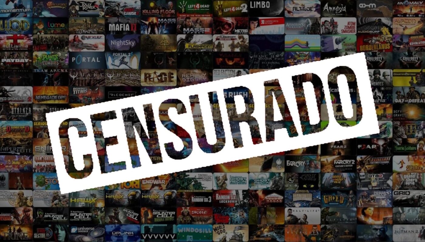 Colagem de várias capas de jogos em grade com faixa diagonal branca exibindo a palavra ‘CENSURADO’ em destaque.