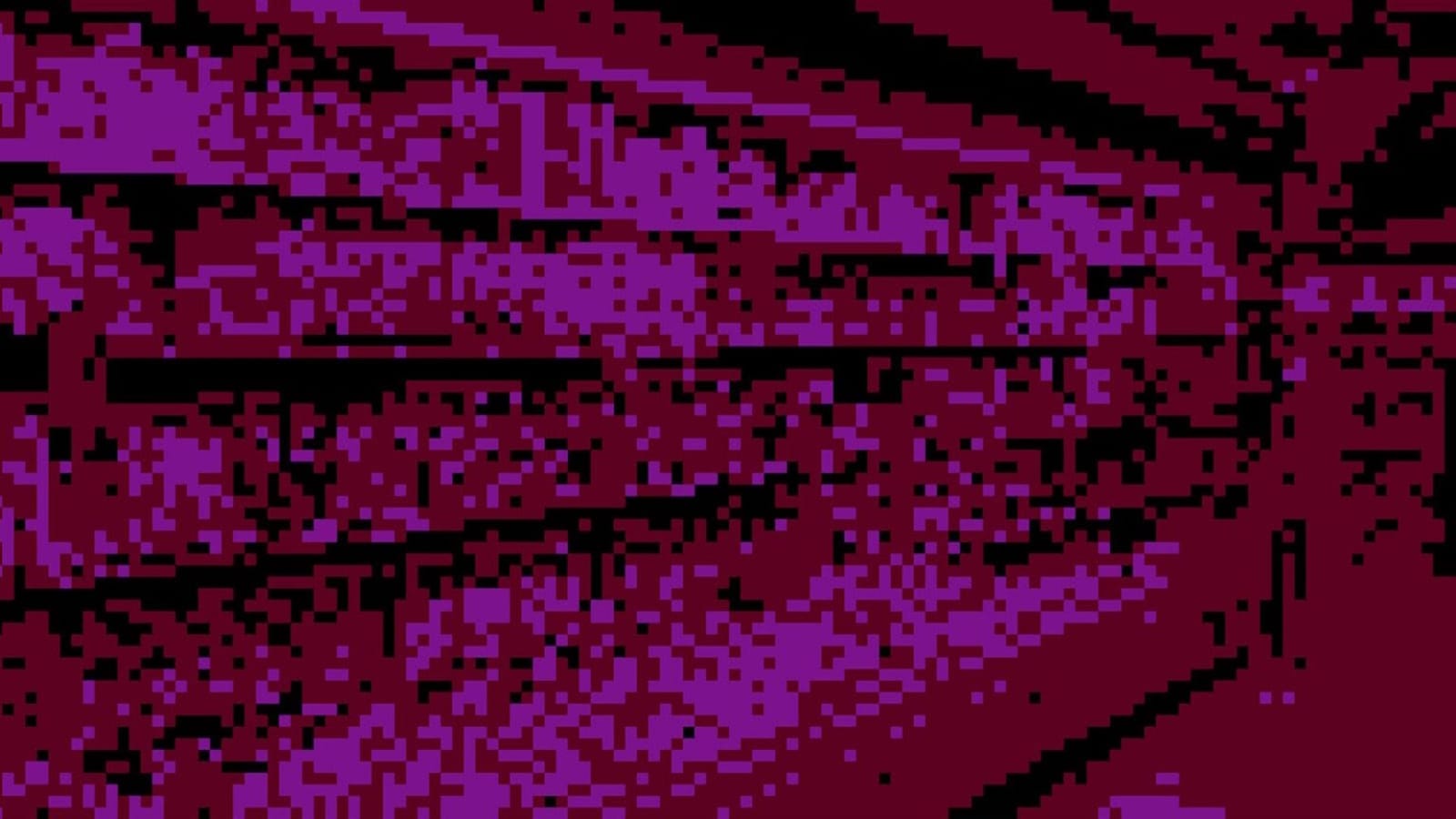 Imagem pixelada em magenta e roxo representando corredor ou passagem com formas geométricas e perspectiva profunda, lembrando gráficos retrô de baixa resolução.