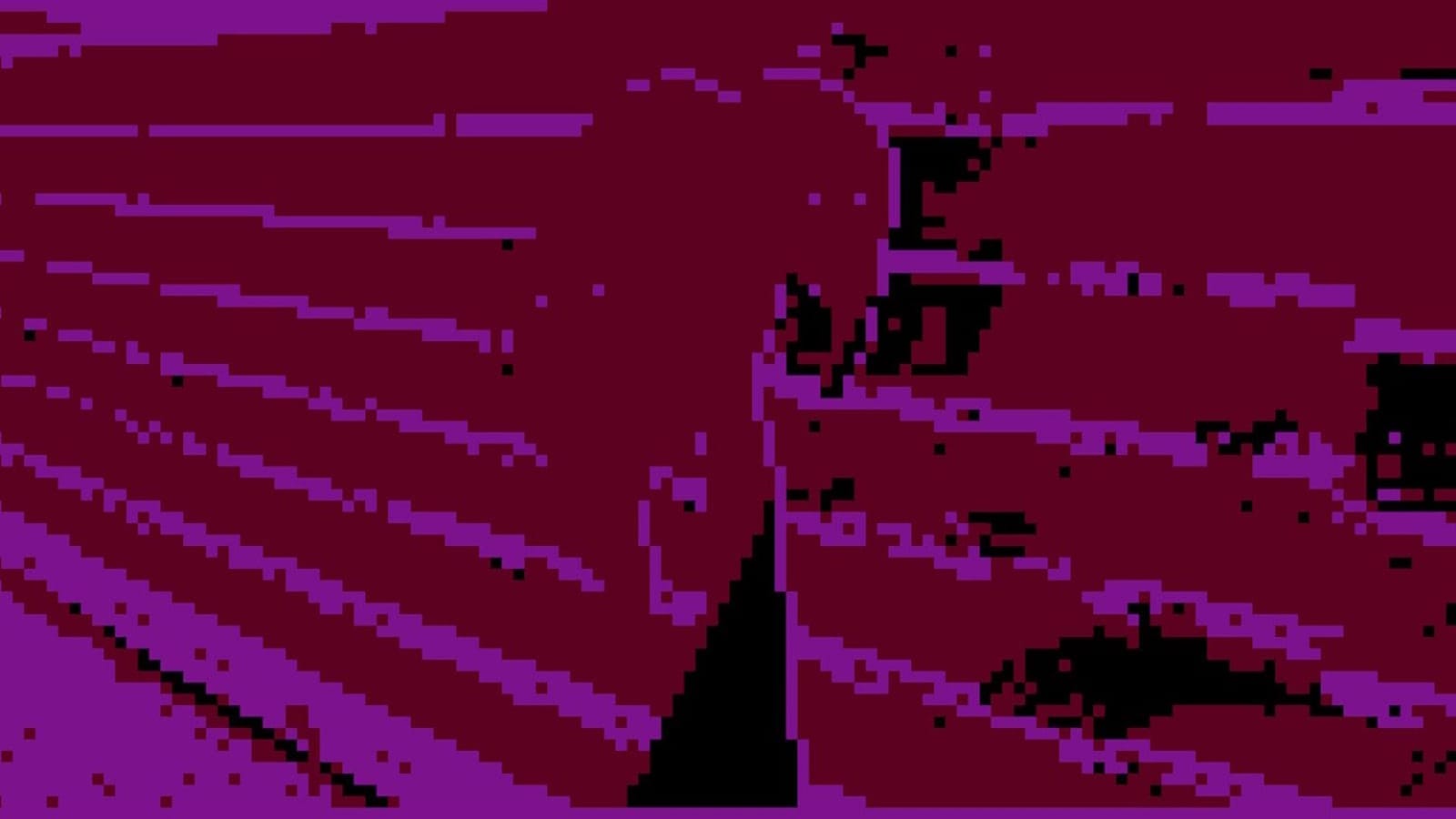 Arte com forte efeito de glitch em tons de roxo e vinho, mostrando figura humanoide pouco definida ao centro entre blocos e faixas horizontais fragmentadas.