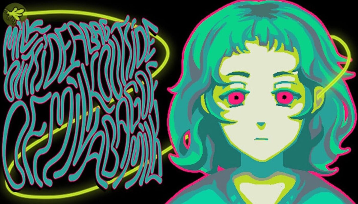 Arte digital em fundo preto com personagem de cabelo verde‑azulado, olhos rosa e contorno neon. À esquerda, texto ondulado em azul‑turquesa com borda rosa dizendo ‘MILK OUTSIDE A BAG OF MILK OUTSIDE A BAG OF MILK’. Linha amarela brilhante contorna o texto e liga à cabeça da personagem.