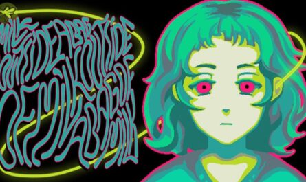 Arte digital em fundo preto com personagem de cabelo verde‑azulado, olhos rosa e contorno neon. À esquerda, texto ondulado em azul‑turquesa com borda rosa dizendo ‘MILK OUTSIDE A BAG OF MILK OUTSIDE A BAG OF MILK’. Linha amarela brilhante contorna o texto e liga à cabeça da personagem.