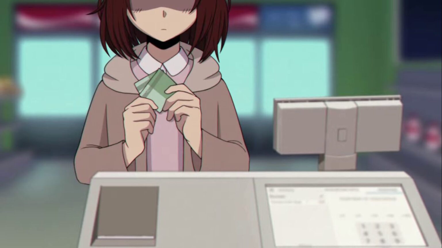 Ilustração anime mostrando pessoa de cabelo curto castanho segurando cartão verde no caixa. Ela usa casaco marrom sobre camisa rosa. À frente há terminal de pagamento com tela e teclado. Fundo desfocado sugere interior de loja.