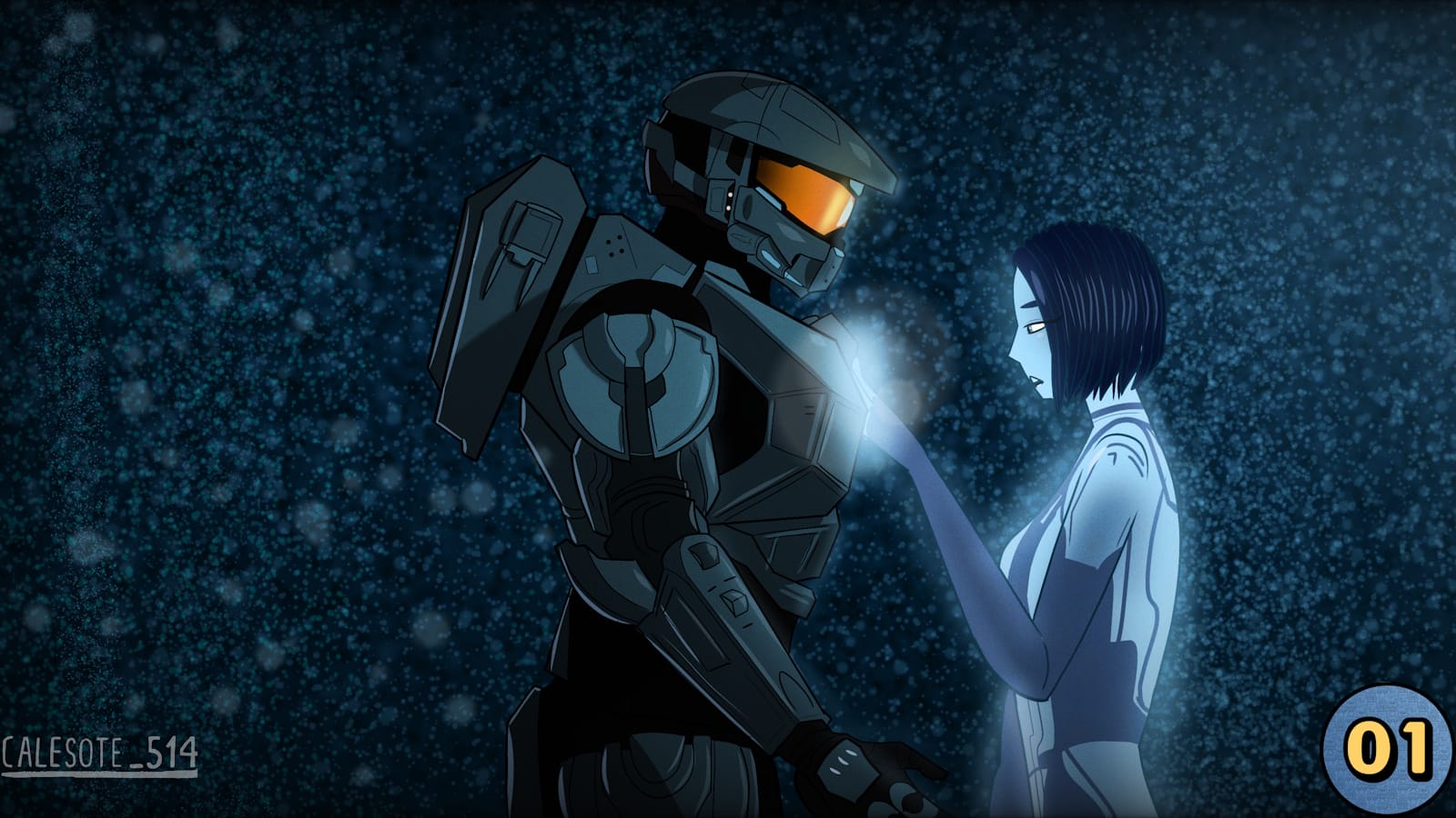 Cena com figura holográfica azul tocando o peito de soldado em armadura futurista, gerando brilho intenso, ambos diante de fundo escuro com partículas luminosas.