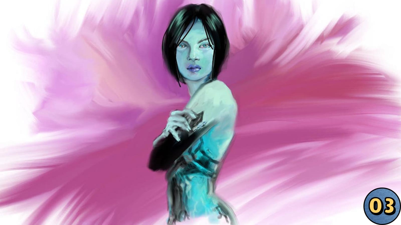 Retrato digital de figura de pele azul e cabelo curto escuro, com braços cruzados diante do peito, sobre fundo vibrante em tons de rosa e roxo com pinceladas fluidas.