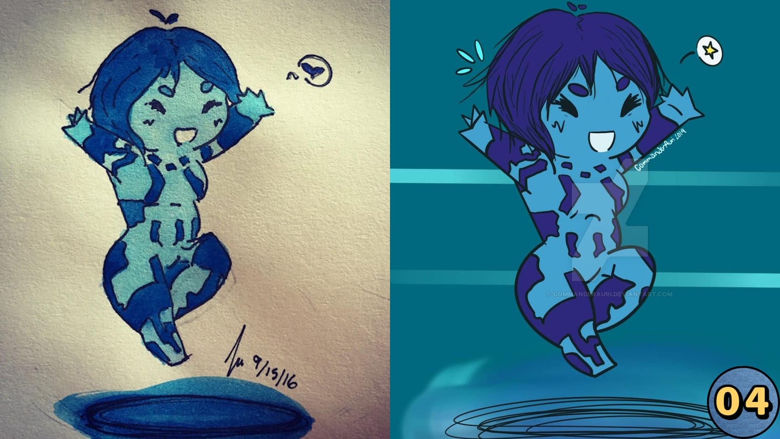 Duas versões do mesmo personagem azul saltando sobre plataforma circular: à esquerda desenho feito à mão com traços coloridos; à direita versão digital com linhas suaves, fundo teal listrado e estrela amarela.