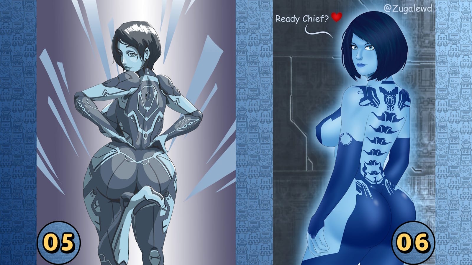 Montagem com duas ilustrações de fã da Cortana, de Halo, vista de costas em poses sensuais. À esquerda, ela usa uma armadura futurista justa. À direita, aparece com o corpo parcialmente coberto por padrões azuis característicos da personagem.