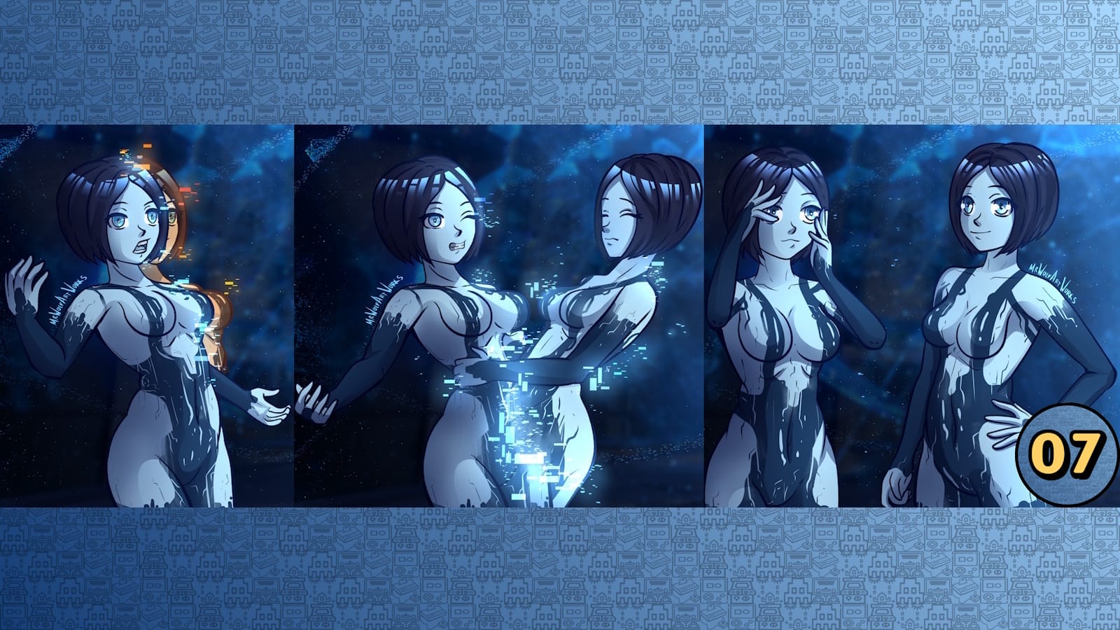 Sequência de três quadros mostrando personagem futurista azul se dividindo em duas figuras através de efeitos digitais luminosos.
