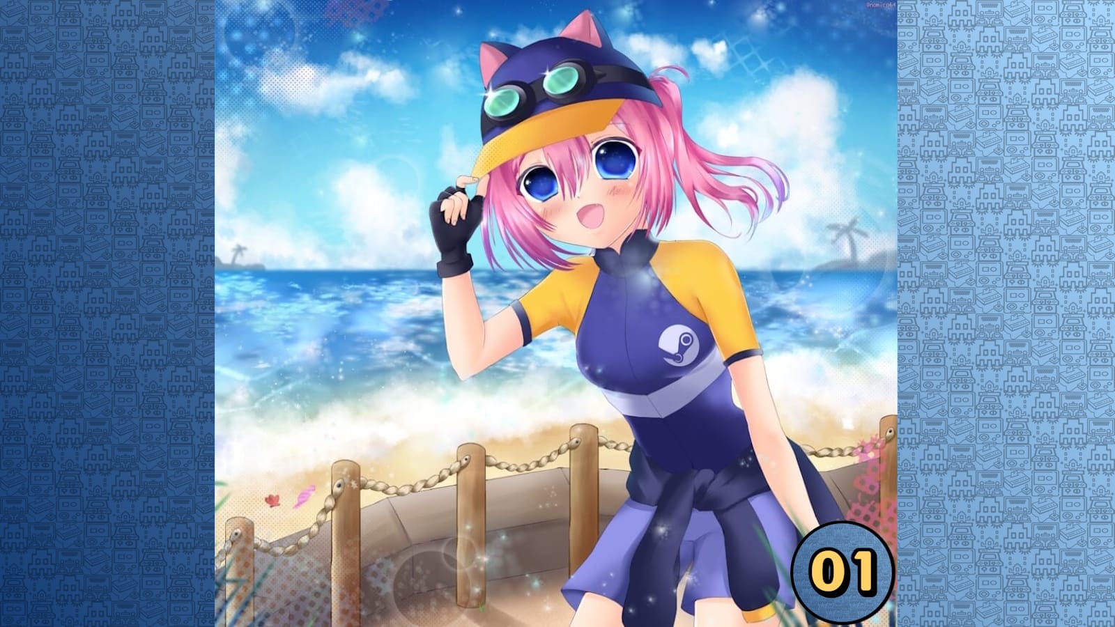 Personagem de cabelo rosa em roupa azul e amarela com boné de orelhas de gato, sorrindo na praia sob céu azul.